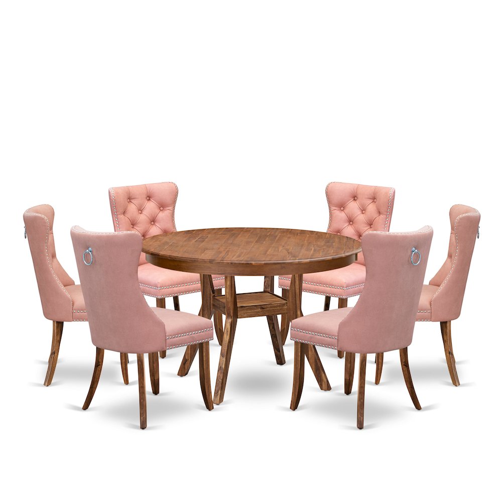 7-Pc Modern Dining Table Set Include A Modern Table, 6 Beige Red Dining Chairs