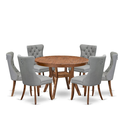 7-Pc Dinner Table Set Include A Modern Table And 6 Light Gray Upholstered Chairs