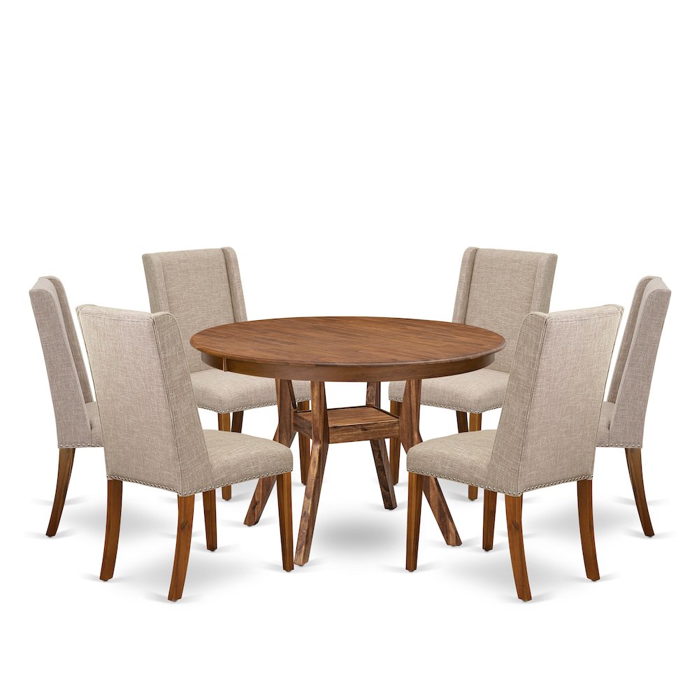 7-Piece Dining A Modern Table And 6 Light Tan Linen Fabric Parsons Chairs