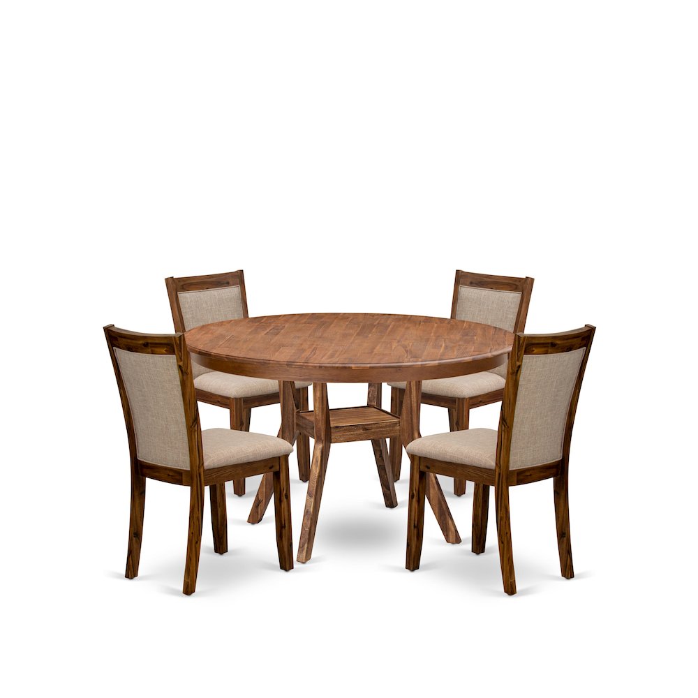 5-Pc Modern Dining Set A Pedestal Wooden Table, 4 Light Tan Fabric Dining Chairs