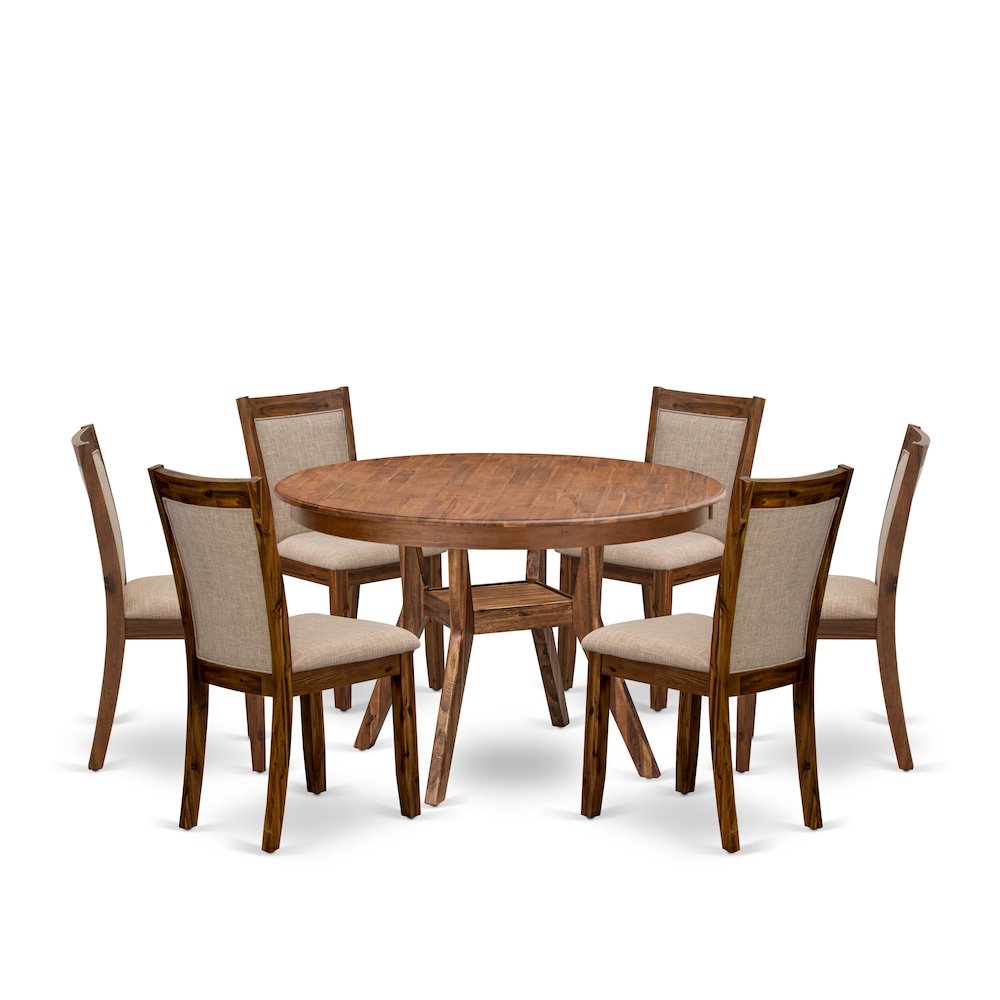 7-Pc Dining Set Of A Pedestal Kitchen Table, 6 Light Tan Upholstered Chairs