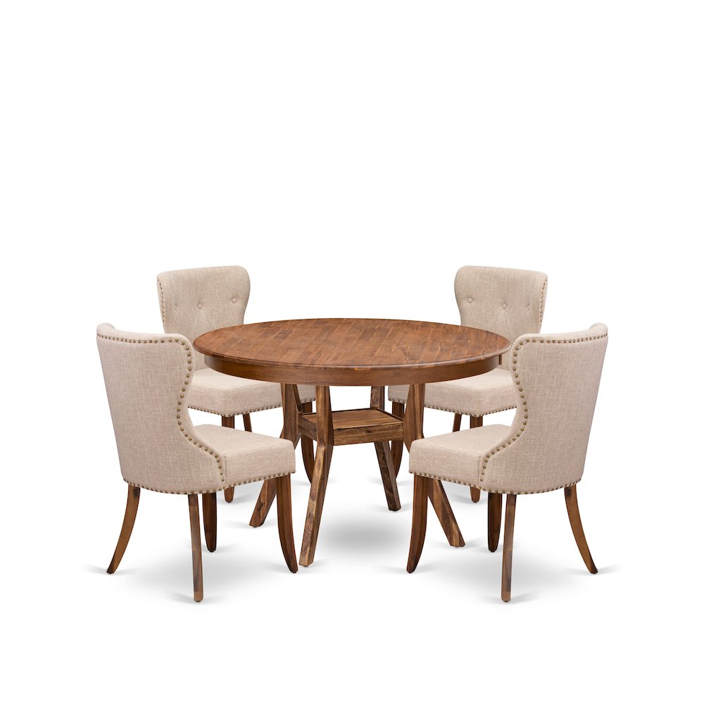 5-Pc Dining Set Of A Pedestal Kitchen Table, 4 Light Tan Fabric Kitchen Chairs