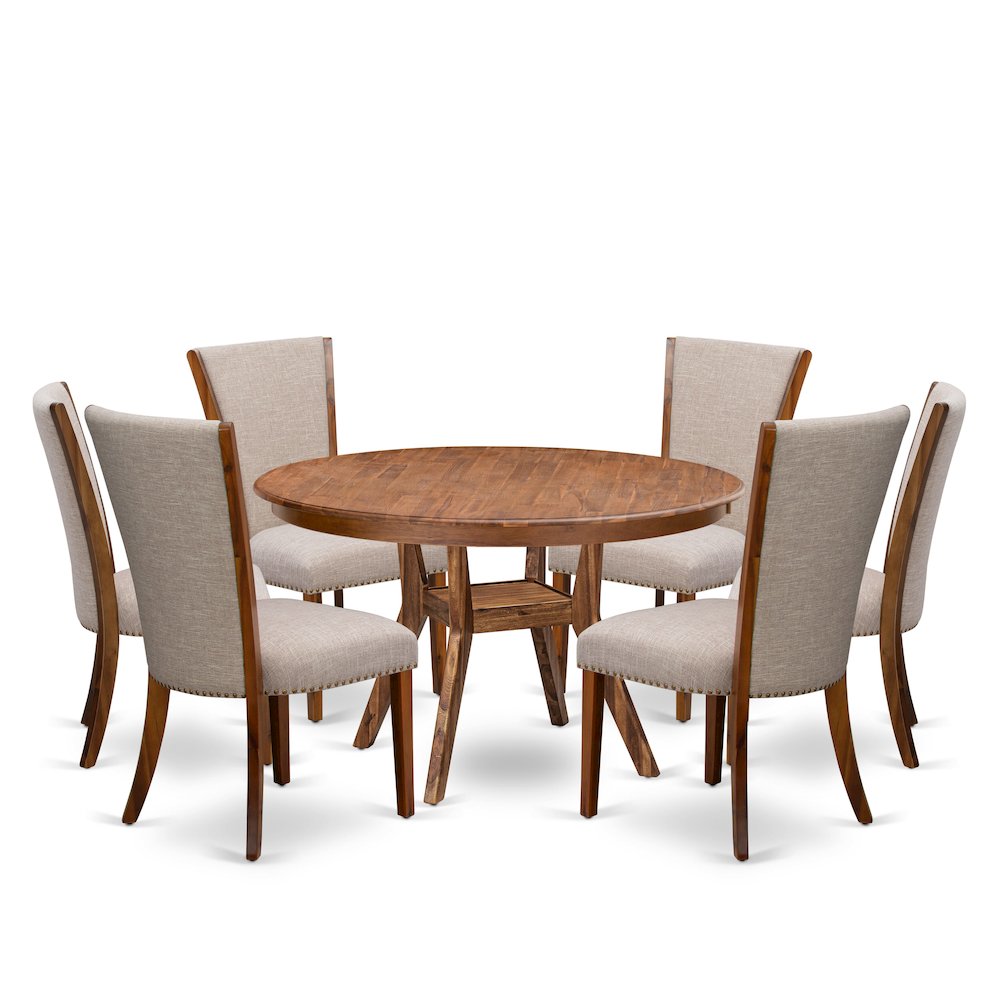 7 Piece Kitchen Table Set Contains 54" Round Table In Light Tan Color