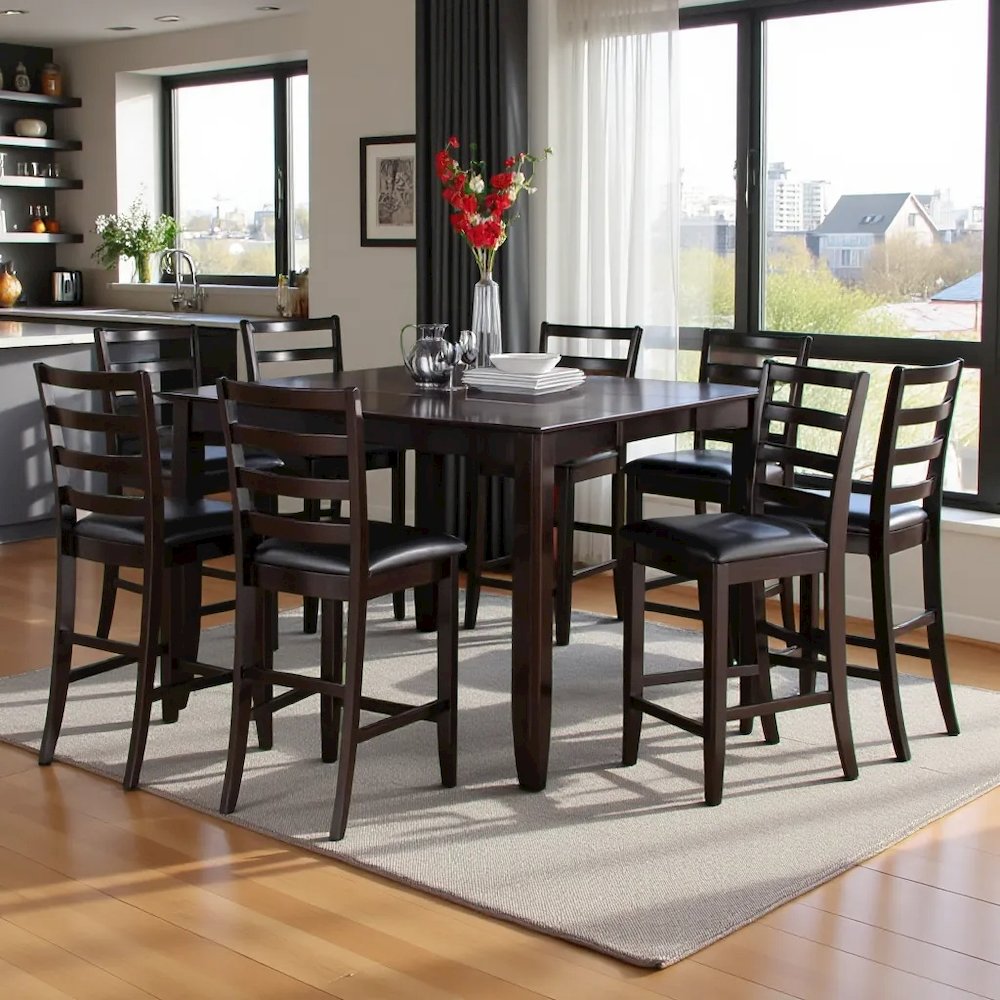 Square Counter Height Dining Table for 8 with Chairs in Brown Wood