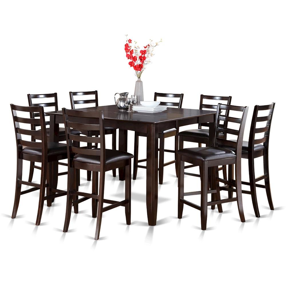 Square Counter Height Dining Table for 8 with Chairs in Brown Wood