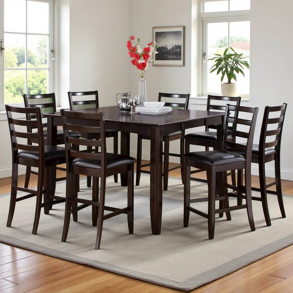 Square Counter Height Dining Table for 8 with Chairs in Brown Wood