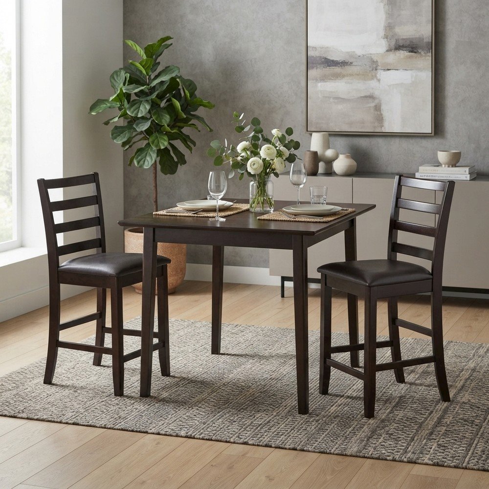 Faux Leather Counter Height Bar Stools with Ladder Back, Set of 2, Cappuccino