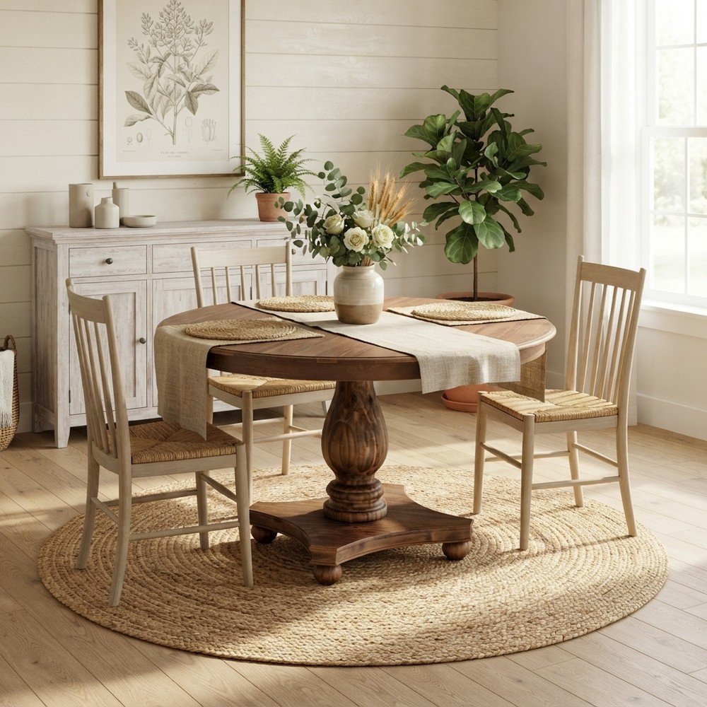 Solid Wood Round Pedestal Dining Table, Sandblasting Antique Walnut