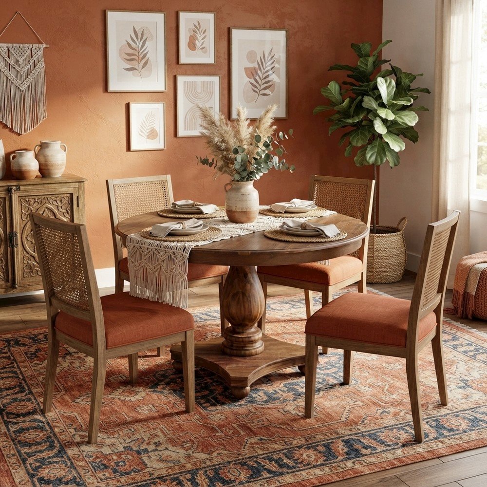 Solid Wood Round Pedestal Dining Table, Sandblasting Antique Walnut