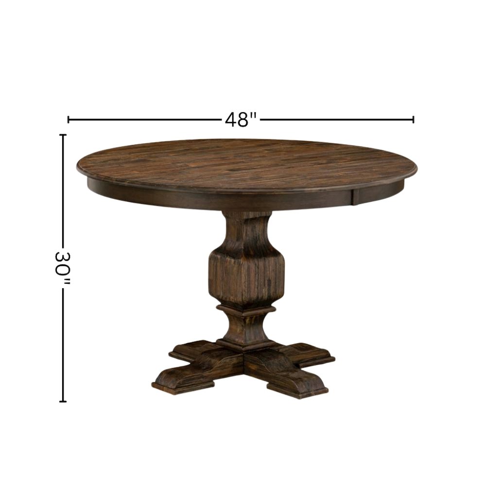 Rustic Round Kitchen Table, Distressed Jacobean Finish, Solid Wood, 48 Inch