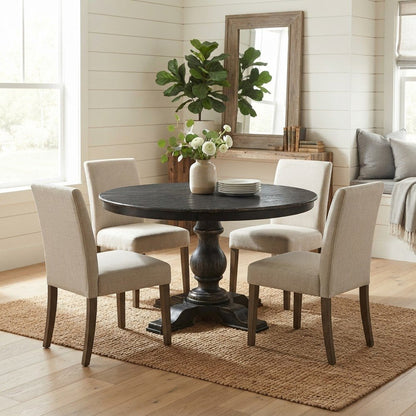 Solid Wood Round Pedestal Dining Table, Sand Blasting Black