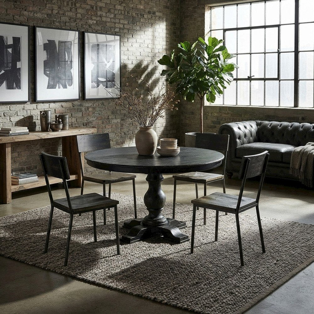 Solid Wood Round Pedestal Dining Table, Sand Blasting Black