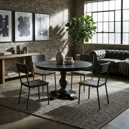 Solid Wood Round Pedestal Dining Table, Sand Blasting Black
