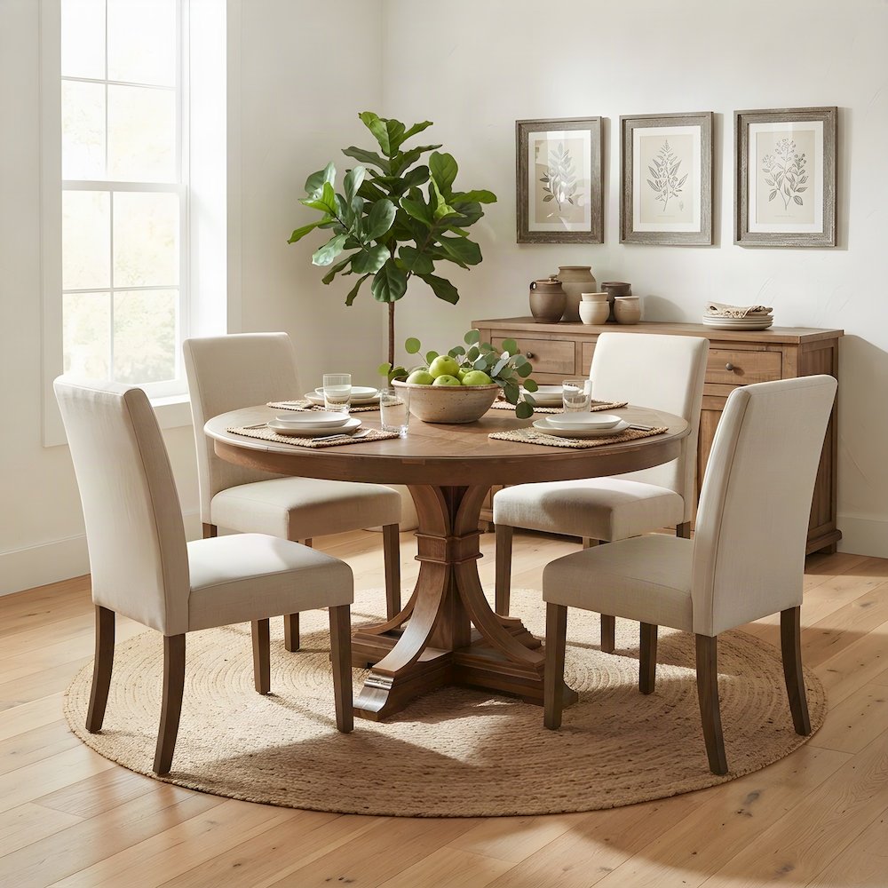 Solid Wood Round Dining Table with Pedestal Base, Modern Kitchen