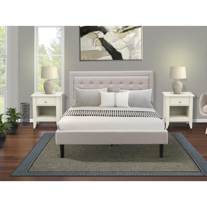 FN08Q-2GA0C 3-Piece Fannin Bedroom Furniture Set with 1 Queen Size Bed and 2 Mid Century Nightstands - Mist Beige Linen Fabric