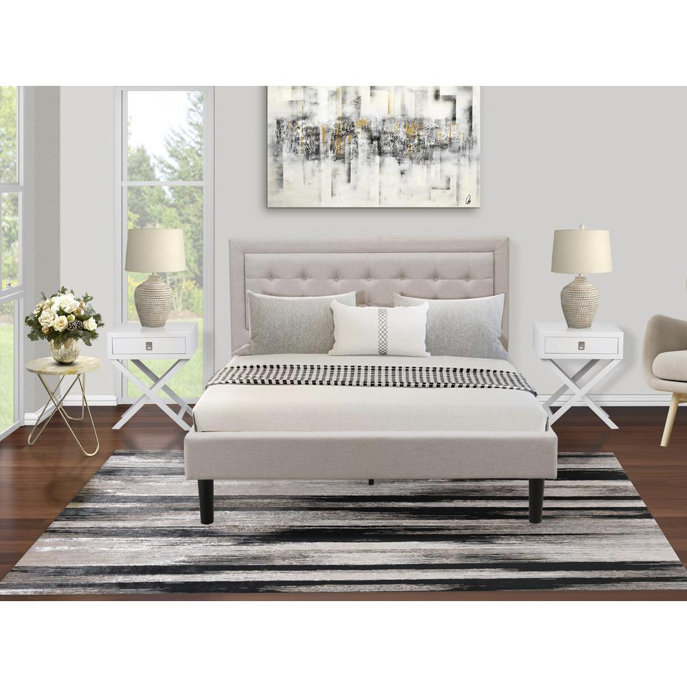 FN08Q-2HAE0 3-Piece Fannin Bedroom Furniture Set with 1 Modern Bed and 2 Mid Century Modern Nightstands - Mist Beige Linen Fabric