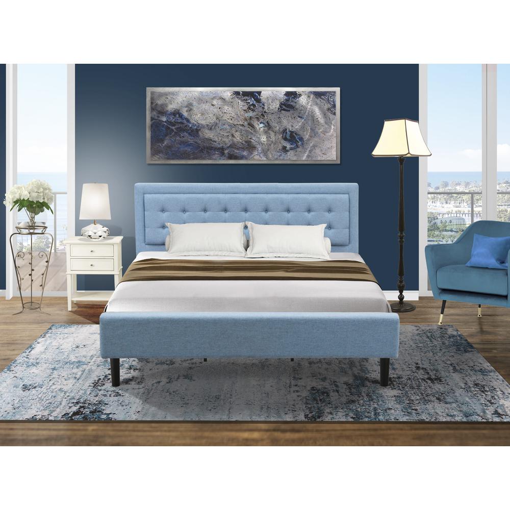 FN11K-1VL0C 2-Piece Platform Bed Set with 1 King Size Bed and a Small Nightstand - Denim Blue Linen Fabric
