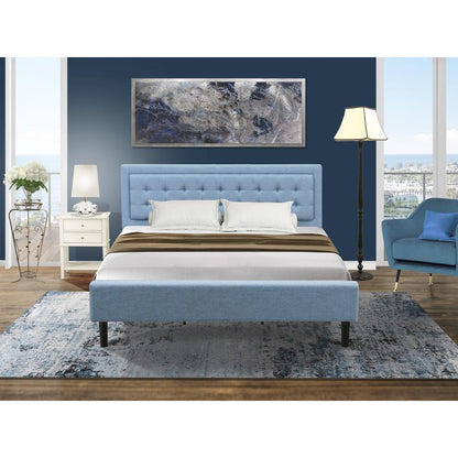 FN11K-1VL0C 2-Piece Platform Bed Set with 1 King Size Bed and a Small Nightstand - Denim Blue Linen Fabric