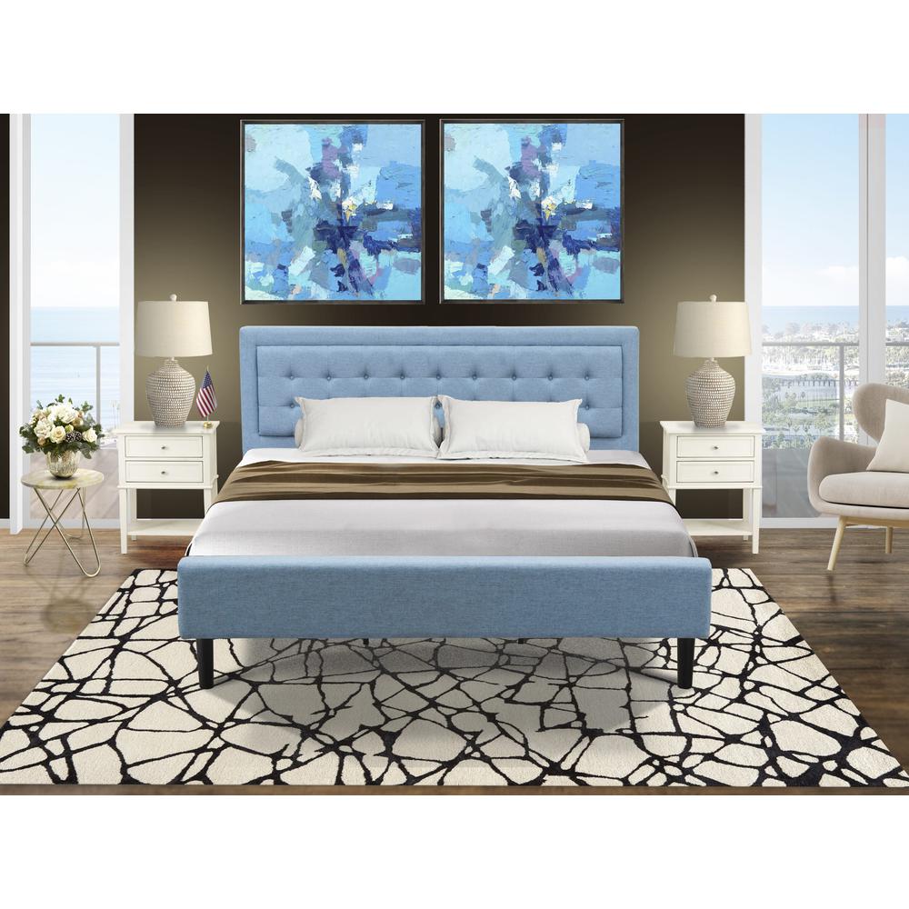 FN11K-2VL0C 3-Piece Platform Bed Set with 1 Modern Bed and 2 Bedroom Nightstands - Denim Blue Linen Fabric