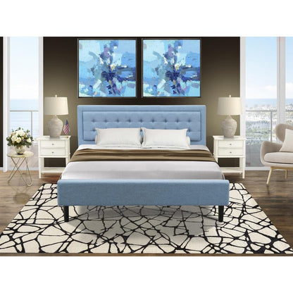 FN11K-2VL0C 3-Piece Platform Bed Set with 1 Modern Bed and 2 Bedroom Nightstands - Denim Blue Linen Fabric