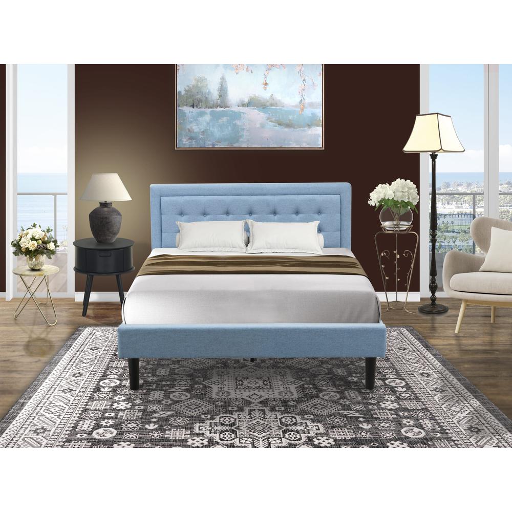 FN11Q-1GO15 2-Piece Platform Bedroom Furniture Set with 1 Platform Bed and a Wood Nightstand - Denim Blue Linen Fabric
