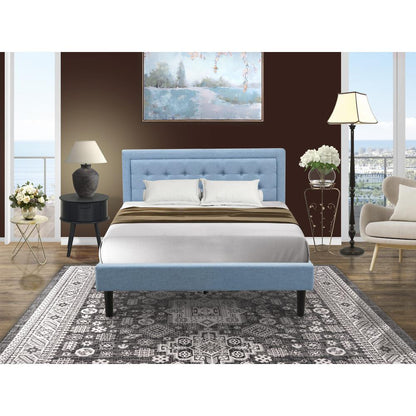 FN11Q-1GO15 2-Piece Platform Bedroom Furniture Set with 1 Platform Bed and a Wood Nightstand - Denim Blue Linen Fabric