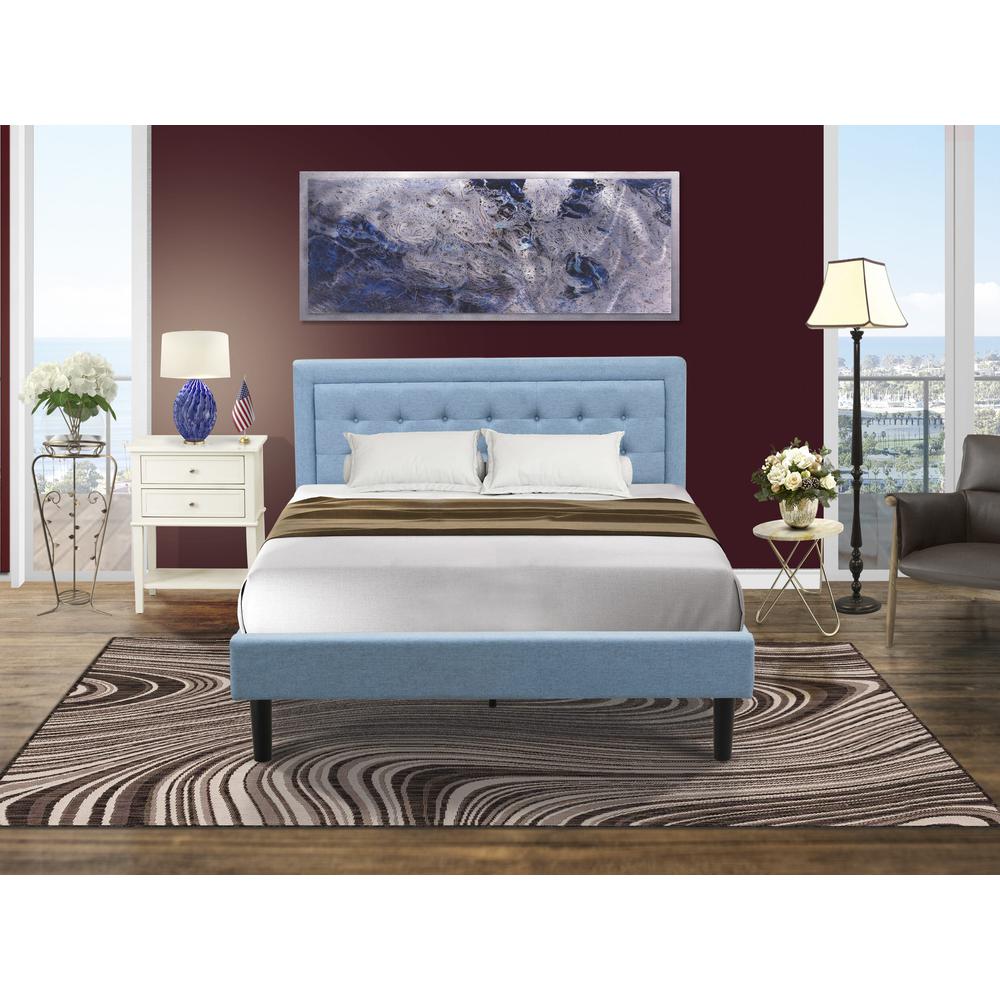 FN11Q-1VL0C 2-Pc Platform Queen Bed Set Furniture with 1 Wood Bed Frame and a Night Stand for Bedrooms - Denim Blue Linen Fabric