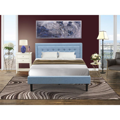 FN11Q-1VL0C 2-Pc Platform Queen Bed Set Furniture with 1 Wood Bed Frame and a Night Stand for Bedrooms - Denim Blue Linen Fabric