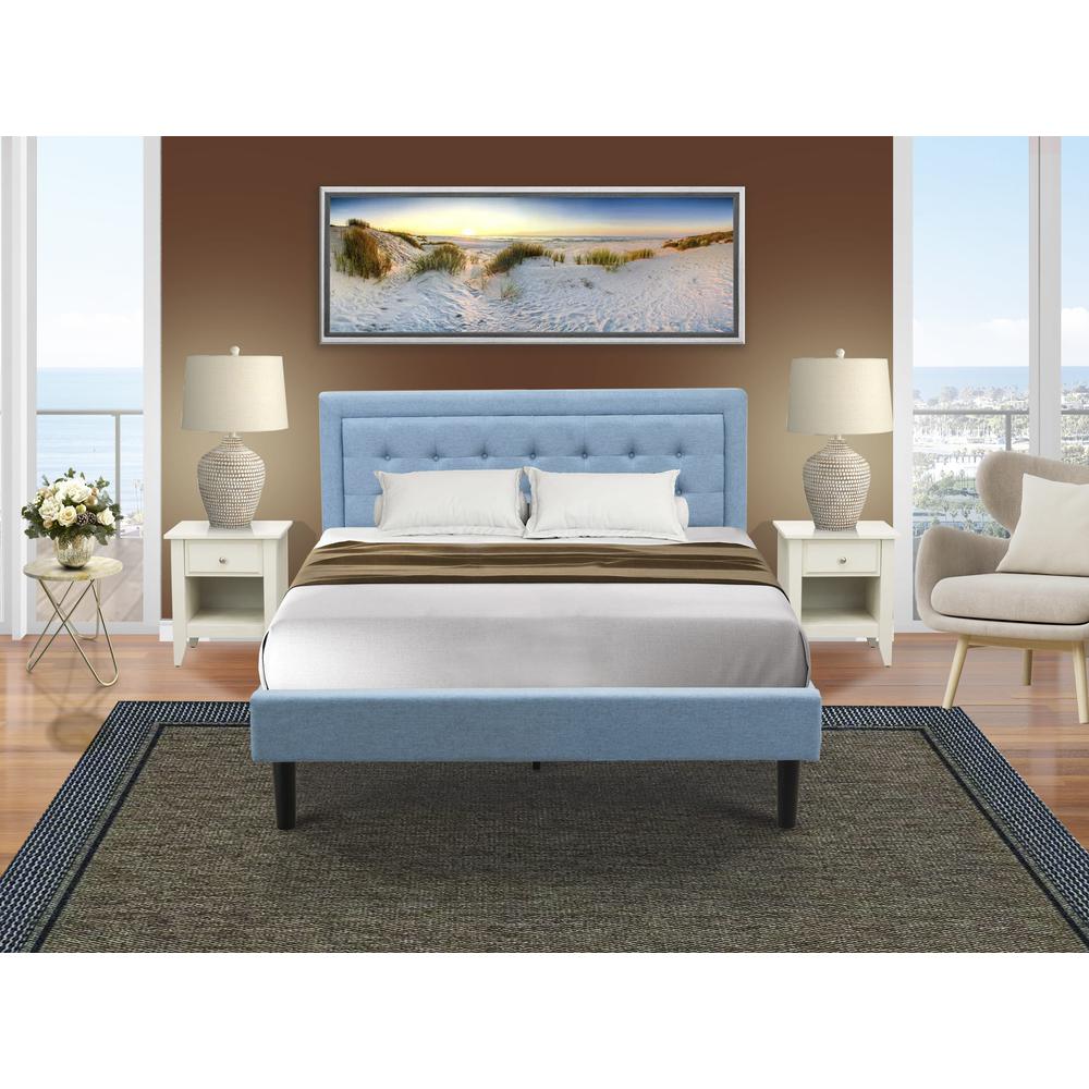 FN11Q-2GA0C 3-Piece Fannin Queen Bedroom Set with 1 Modern Bed and 2 Night Stands for Bedrooms - Denim Blue Linen Fabric