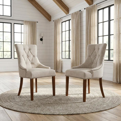 Linen-Upholstered Parsons Dining Chair with Legs for Dining Room, Mahogany, Set of 2