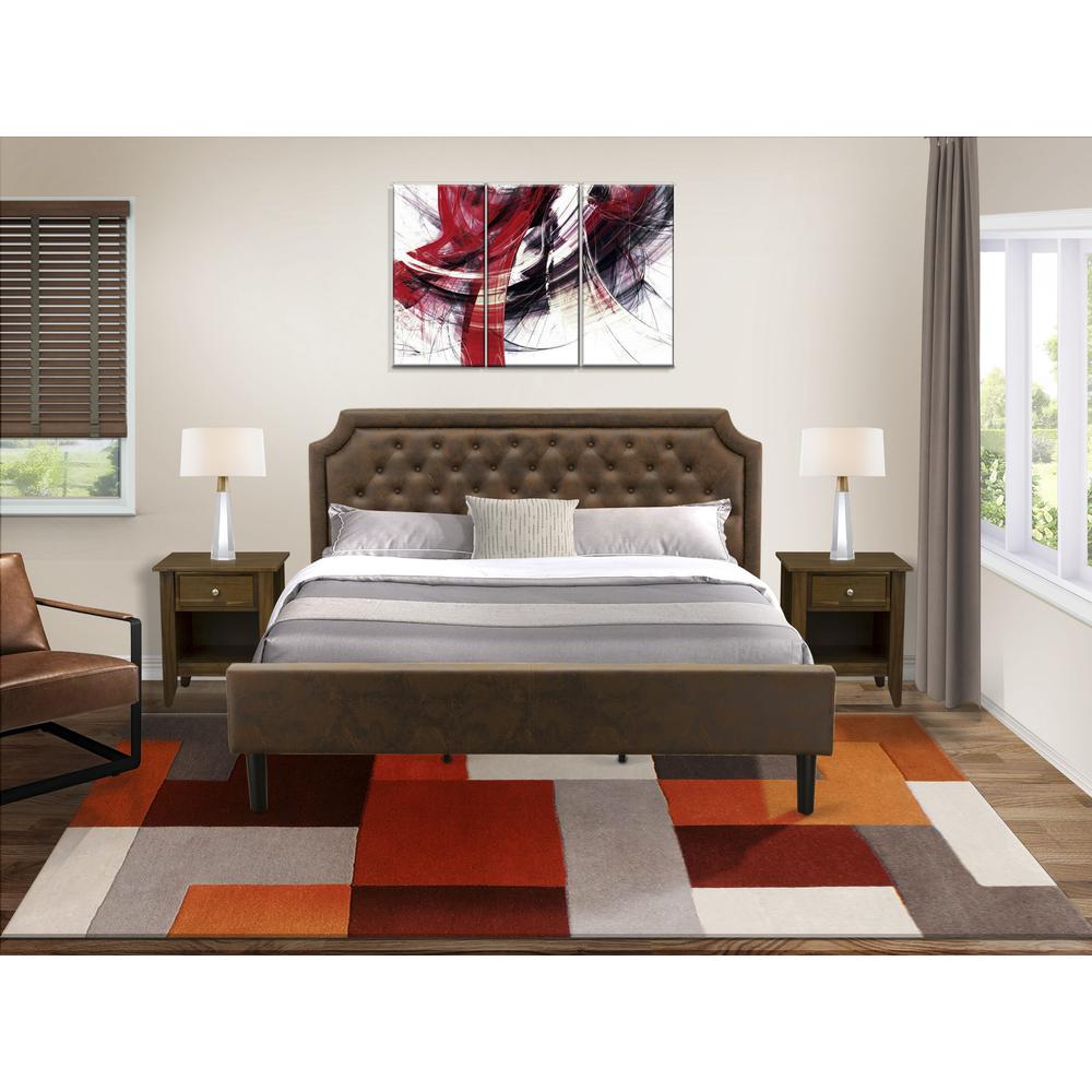 GB25K-2GA08 3-Pc Bedroom Set with a King Bed and 2 Antique Walnut Mid Century Nightstands - Dark Brown Faux Leather and Black Legs