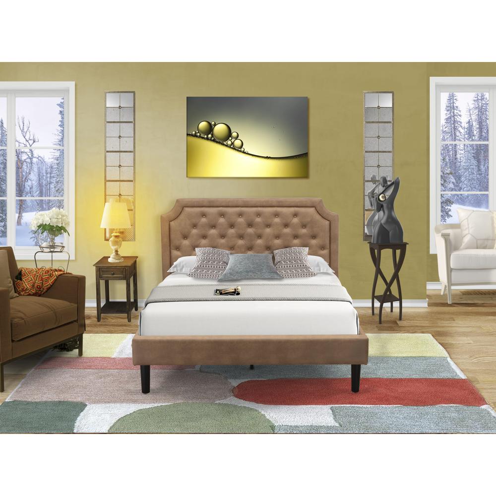GB28Q-1DE07 2-Piece Platform Bed Set with a Platform Bed and 1 Distressed Jacobean End Tables - Brown Faux Leather and Black Legs