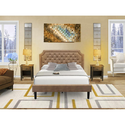 GB28Q-2GA07 3-Piece Bedroom Set with a Queen Size Bed and 2 Distressed Jacobean End Tables - Brown Faux Leather and Black Legs
