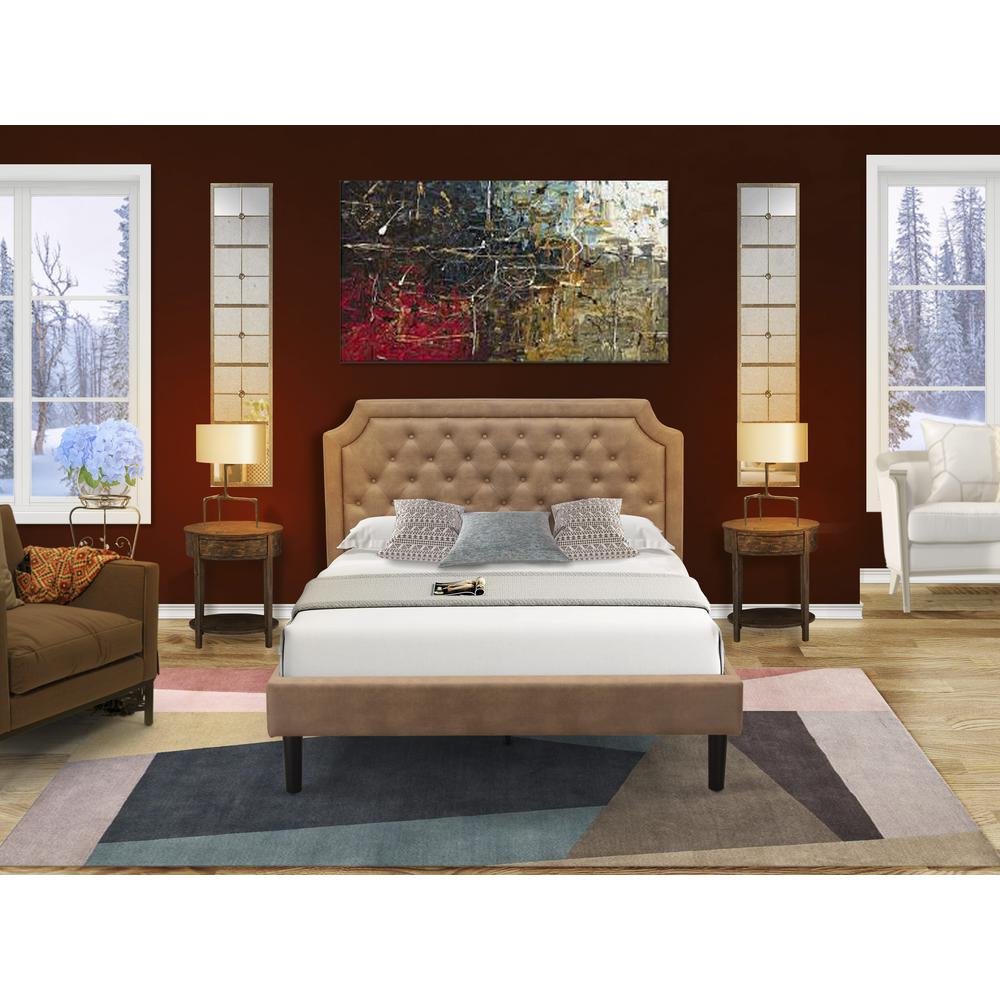GB28Q-2HI07 3-Piece Wooden Set for Bedroom with Bedframe and 2 Distressed Jacobean End Tables - Brown Faux Leather and Black Legs