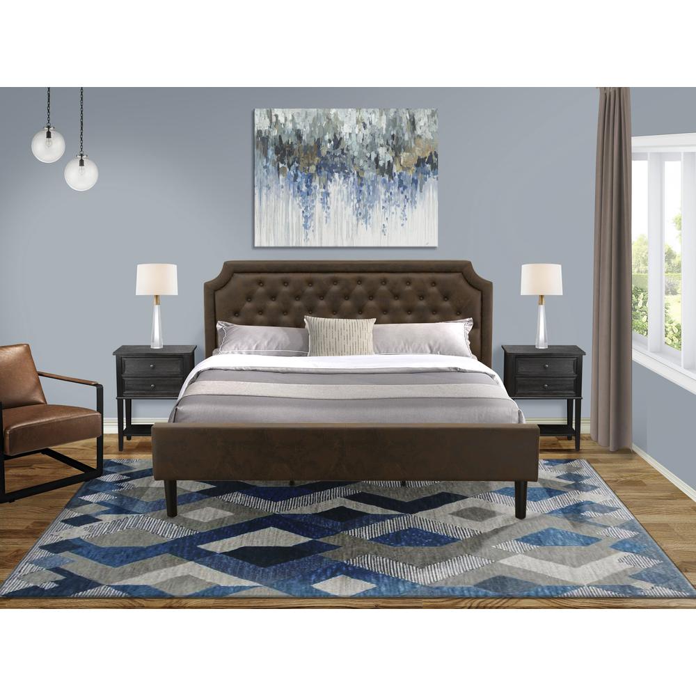 GBF-25-K Wood Bed Contains Black Textured Upholstered Headboard, Footboard and Wood Rails, Slats - Wooden 9 Legs - Black Finish