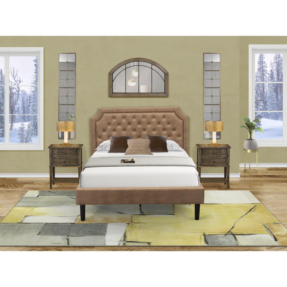 GBF-28-F Full Bed Consist of Brown Textured Upholstered Headboard, Footboard and Wood Rails, Slats - Wooden 9 Legs - Black Finish