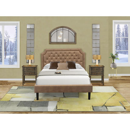 GBF-28-F Full Bed Consist of Brown Textured Upholstered Headboard, Footboard and Wood Rails, Slats - Wooden 9 Legs - Black Finish