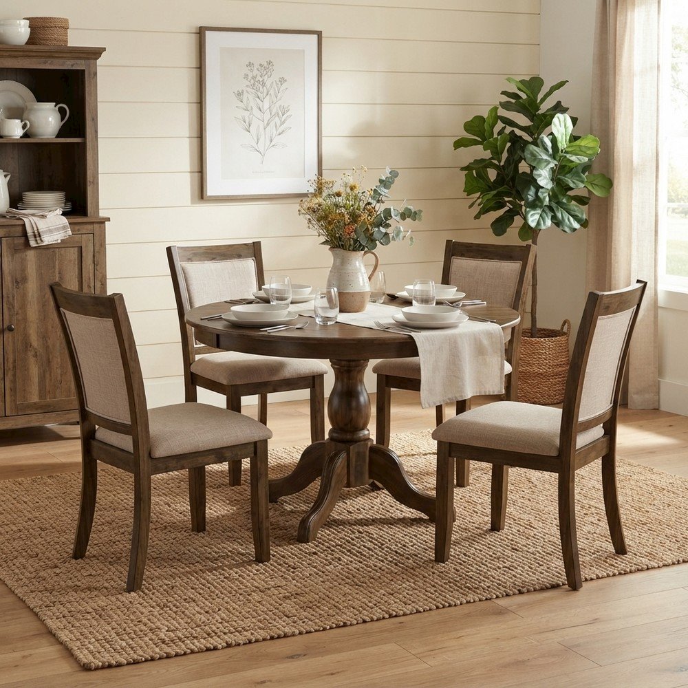 Solid Wood Round Dining Table 5 Piece Set, Antique Walnut/Light Tan