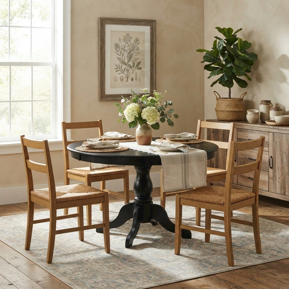 Acacia Wood Round Pedestal Dining Table, Small Dinner Table, Wirebrushed Black