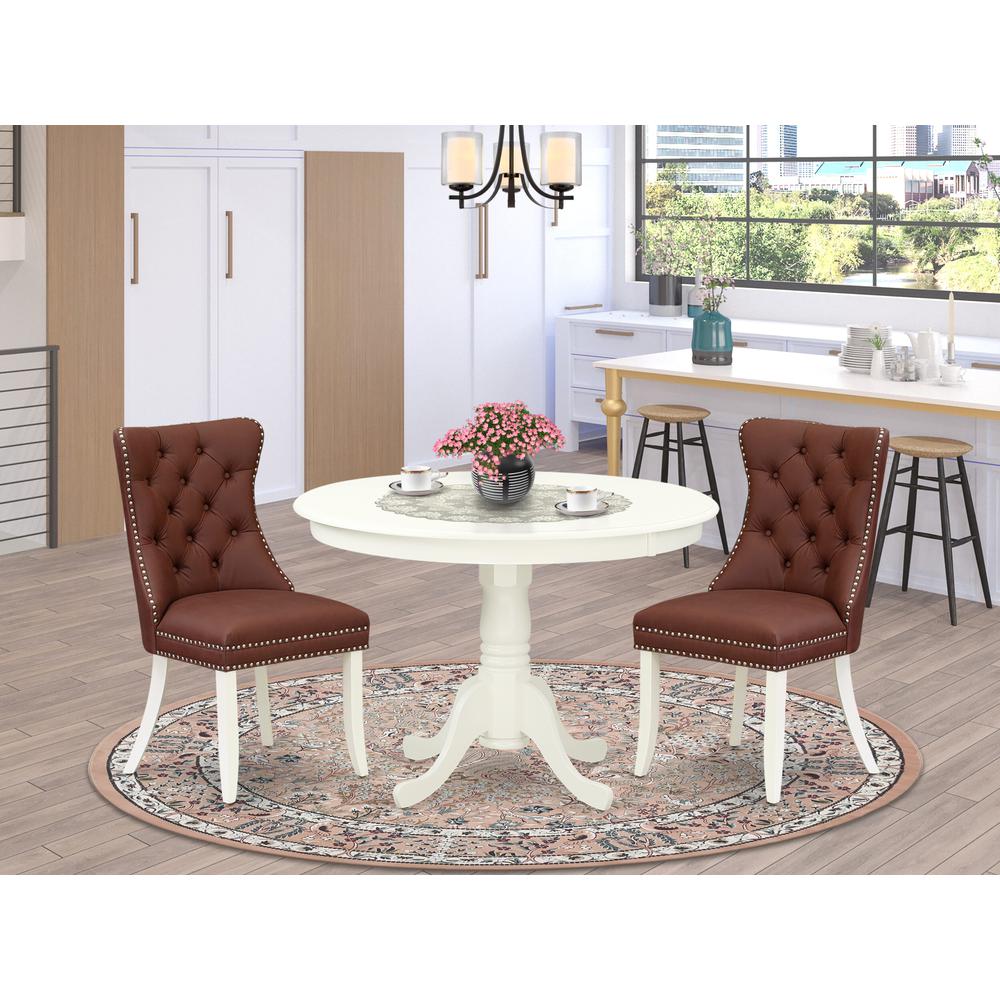 East West Furniture HLDA3-LWH-26 3 Piece Dining Room Furniture Set Includes a Round Kitchen Table with Pedestal and 2 Upholstered Parson Chairs, Small, Linen White