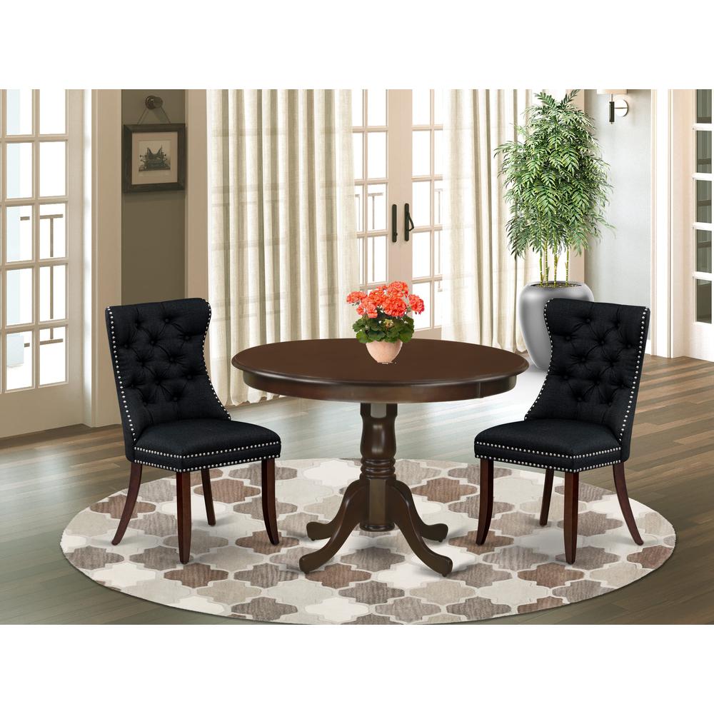 East West Furniture HLDA3-MAH-24 3 Piece Dining Room Furniture Set Includes a Round Wooden Table with Pedestal and 2 Upholstered Chairs, 42x42 Inch, Mahogany