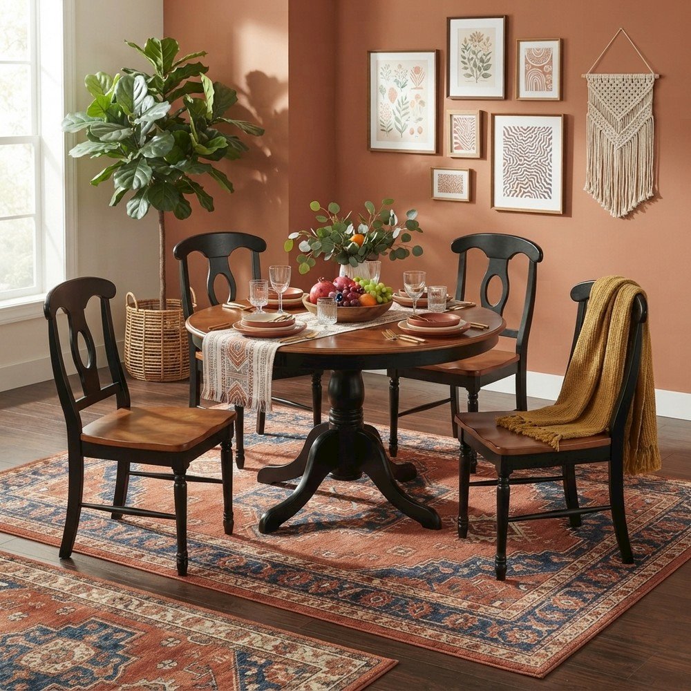 Solid Wood Round Dining Table and 5 Piece Set, Black & Cherry