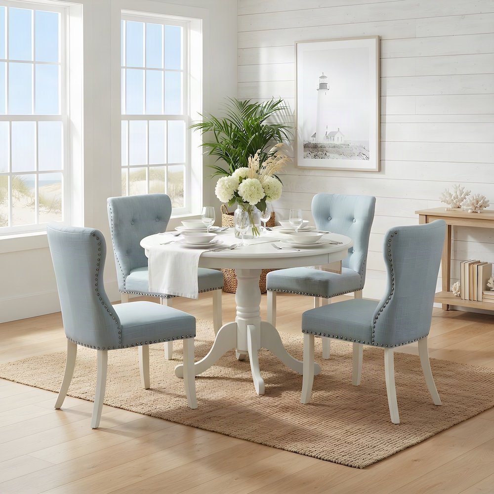 Round Wood Dining Table with Linen Fabric Kitchen Chairs 4 Piece Set