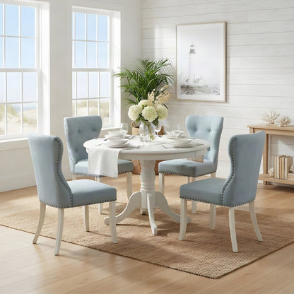 Round Wood Dining Table with Linen Fabric Kitchen Chairs 4 Piece Set