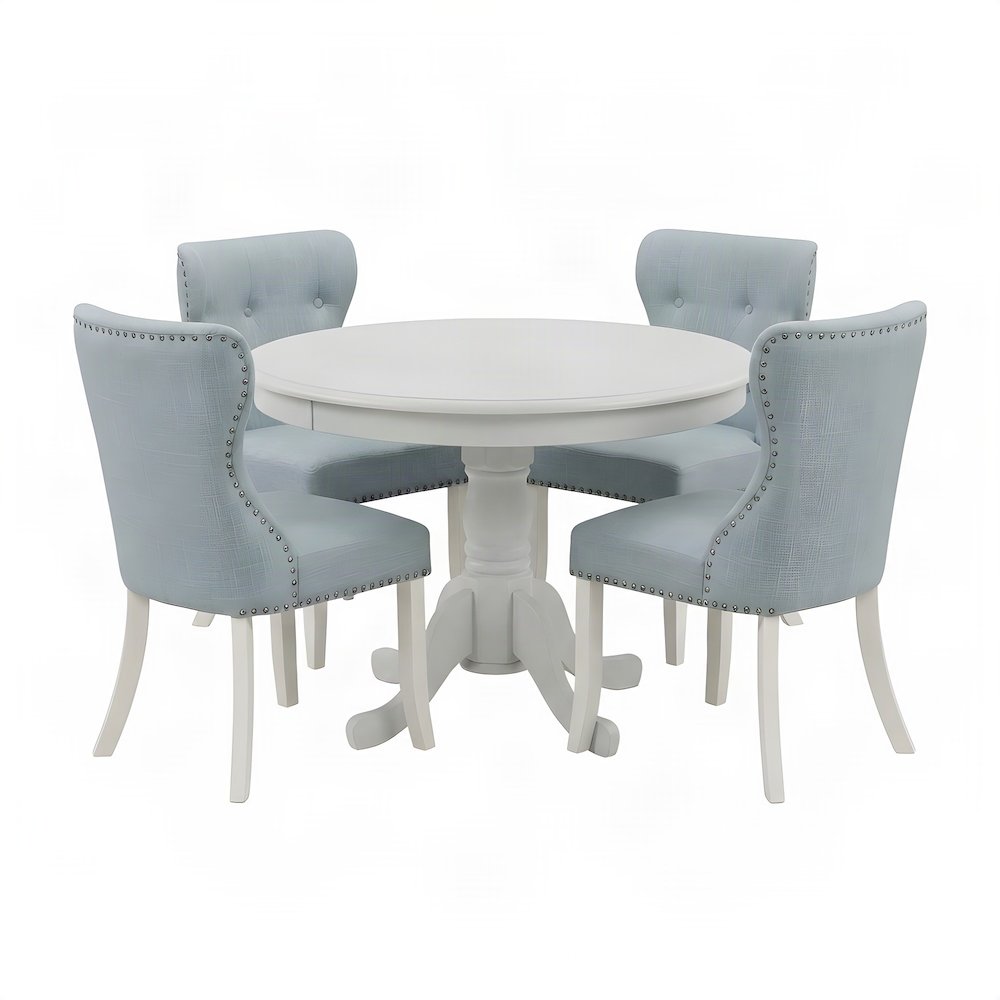 Round Wood Dining Table with Linen Fabric Kitchen Chairs 4 Piece Set