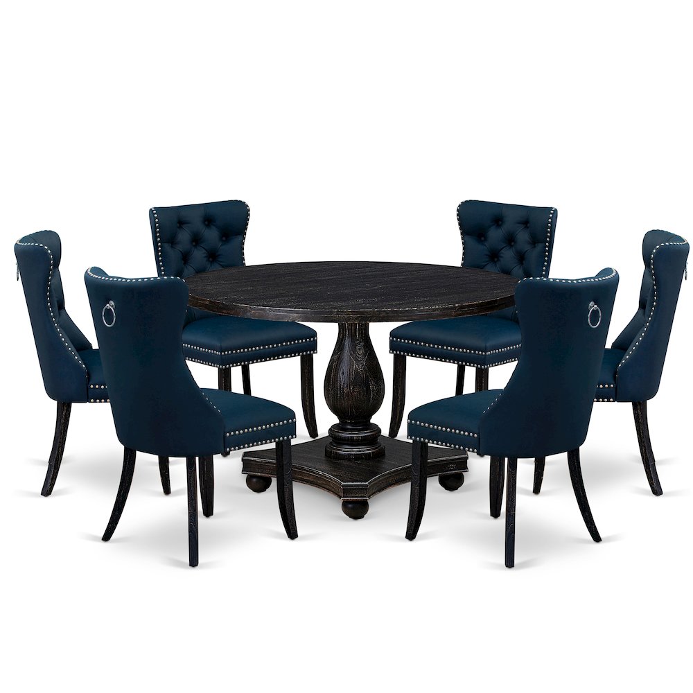 7 Piece Dining Table Set Consists Of 48" Round Table In Navy Blue Color