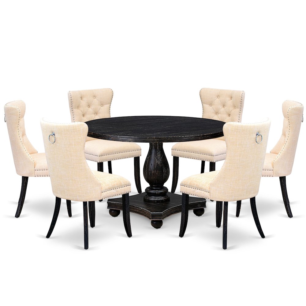 7-Piece Dining Set A Dining Table, 6 Light Beige Linen Fabric Parsons Chair