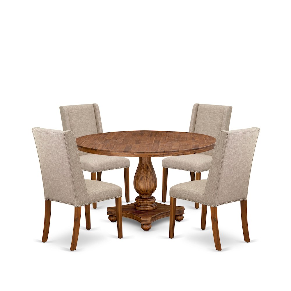 5-Piece Dining Room Set Of A Kitchen Table, 4 Light Tan Fabric Mid-Century Chair