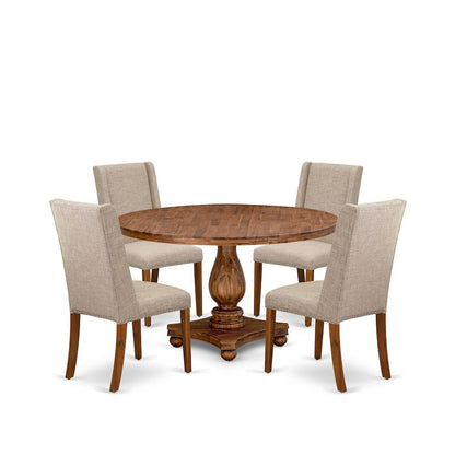 5-Piece Dining Room Set Of A Kitchen Table, 4 Light Tan Fabric Mid-Century Chair
