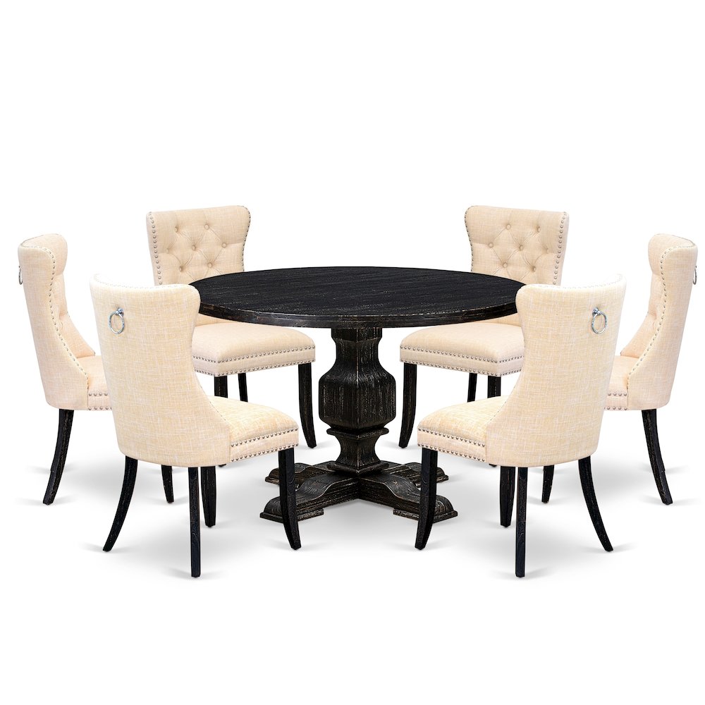 7-Piece Kitchen Set Of A Wood Table, 6 Light Beige Linen Fabric Dinner Chairs